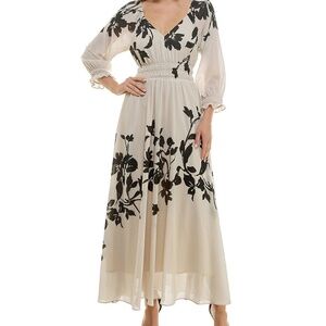 Floral print chiffon v-neck ruffle cuff flare dress